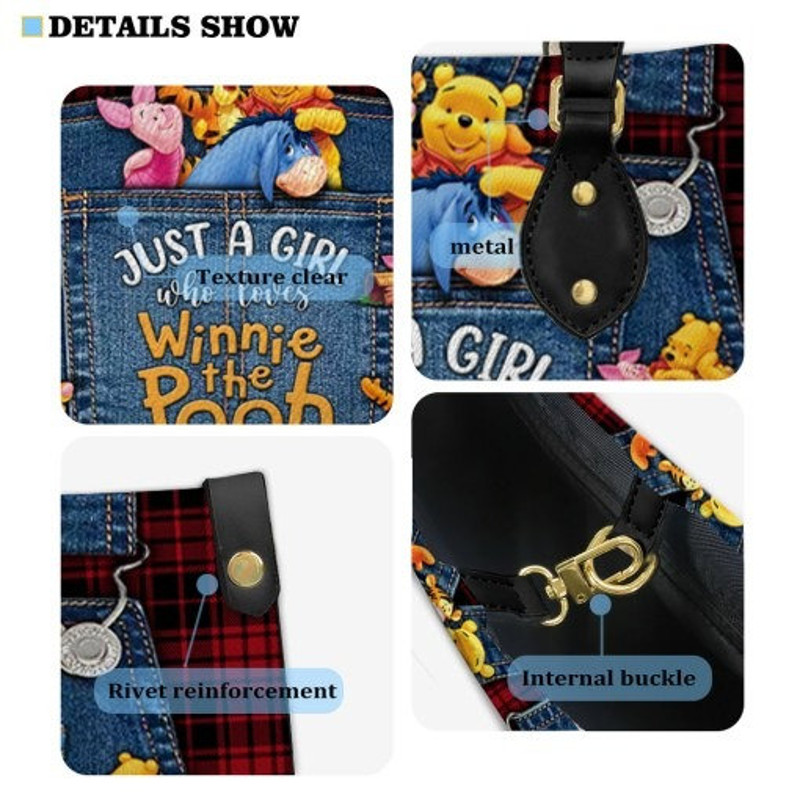 Just A Girl Loves Winnie the Pooh Red Gingham Jean Leather Handbag,Eeyore Lovers HandBag,Pooh Women Bags, Women Leather Bag, Cartoon Handbag - 3.jpg