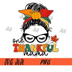 groovy one thankful mama png, messy bun women autumn thanksgiving png
