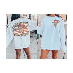 2 files highland cow with 4th july bandana and glasses, usa flag and leopard, png | hand drawn | sublimation png |