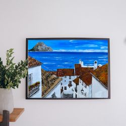 Spanish painting original acrylic art, knife palete art seascape painting, cityscape wall art, handmade canvas art.