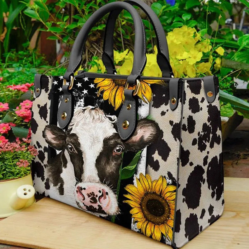 Cow Sunflower Leather Bag Handbag, Cow Handbag, Custom Leather Bag, Woman Handbag, Custom Leather Bag, Shopping Bag, Handmade Bag - 1.jpg