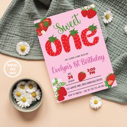 personalized file strawberry sweet one 1st birthday invitation png, berry theme party invite png, instant download png f