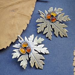 Leaf Earrings, brass earrings, amber jewelry, autumn earrings