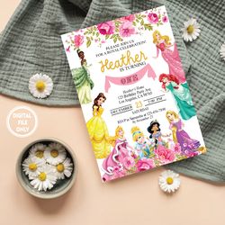 Personalized File Princess First Birthday Invitation Royal Rose Girl Celebration Invite Custom Printable Instant Downloa