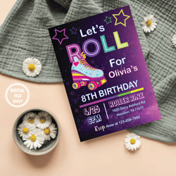 Personalized File Skate Party Birthday Invitation Png, Party Invitation Girl boy Roller Skating Png, Retro Neon Lights I