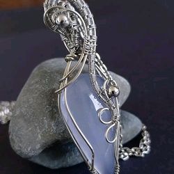 women's handmade blue chalcedony wire pendant wrapped in silver, soothing necklace with gemstone pendant
