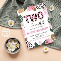 personalized file two wild birthday invitation for girl png, leopard gold safari jungle, girl wild two 2nd birthday invi