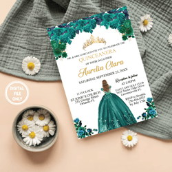 Personalized File Emerald Green Floral Quinceanera Invitation INSTANT DOWNLOAD, Mis Quince 15 Anos 16th Birthday Invite