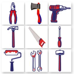 Construction tools embroidery Design. Building repair hand tools machine embroidery File