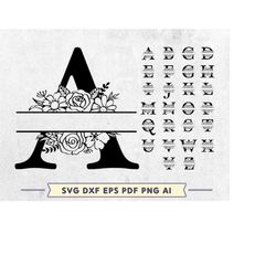 floral monogram alphabet, split monogram svg cut files, dxf eps png, 26 floral capital letters, wedding monogram svg, cr