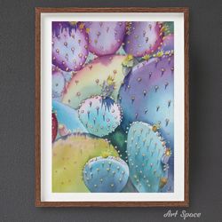original watercolor painting **bright cacti**, decoration for office, palm tree, beach, sand, playroom, blue painting,