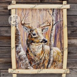 majestic deer in the woods, painting on birch bark