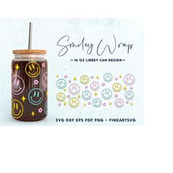 happy face svg, 16oz libbey glass can svg file, svg cut file for cricut, smiley face svg, coffee glass svg wrap design,