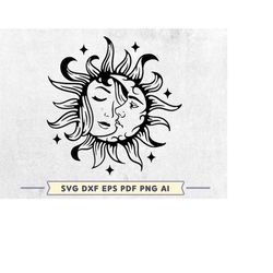 sun and moon svg, boho lovers svg, mystical sign svg, witchcraft design, eps pdf png dxf vector cut file, celestial sun
