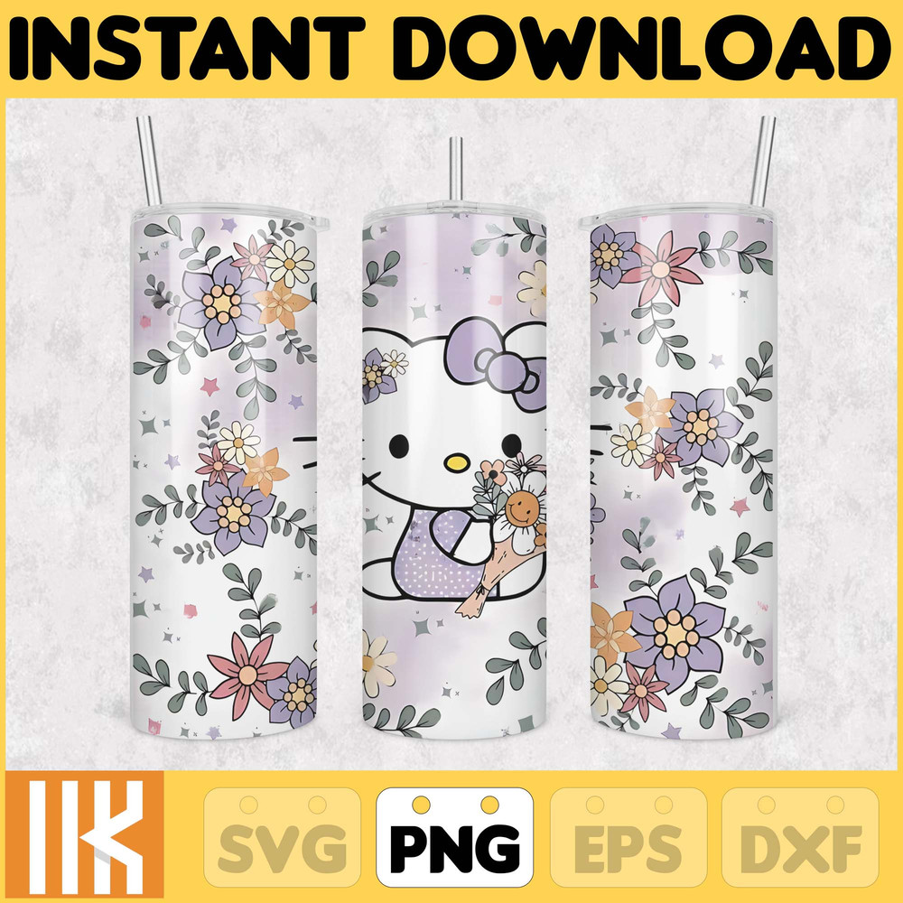 Kitty Coffee Tumbler, 20oz Straight Skinny Wrap, Spring Flower Pink Cat PNG, Tumbler Wrap, Cartoon Tumbler Wrap (11).jpg