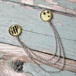 Harry Potter three stars pin, Harry Potter brooch, HP collar brooch with chain, Harry Potter Pin