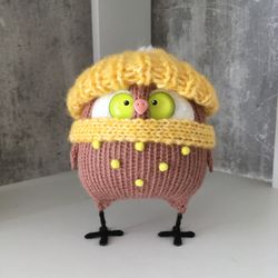 Knitted owl Wool sculpture Lovers of owls The owl in the yellow hat Owl amulet for the house