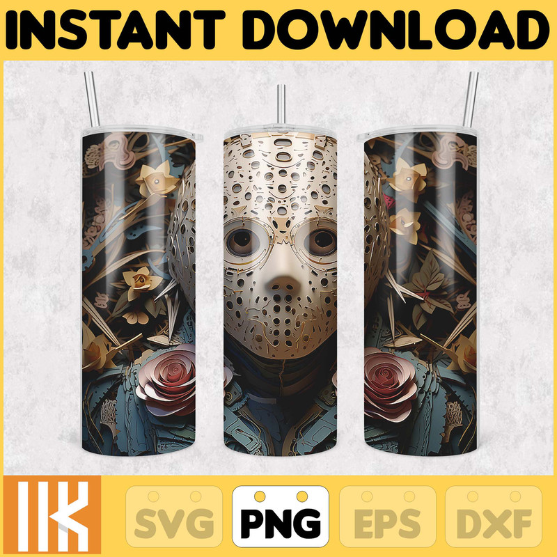 3D Halloween Horror Mask Movie Tumbler Sublimation Design, Horror Movie Character 20 oz Tumbler Design Template PNG (41).jpg