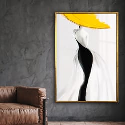 female figure with yellow hat, woman in black dress, fashion canvas print, fashion poster, wall art design, framed canva
