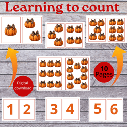 Cards with numbers and pictures of a cheerful pumpkin in dozens of printable frames from 1 - 10,Preschool Math, Kinderga