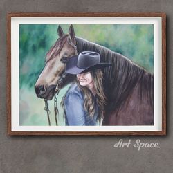 original watercolor painting **horse and girl **, decoration for office, animal, dark forest, playroom, dark painting,