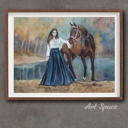 original watercolor painting **girl and horse**, decoration for office, animal, dark forest, playroom, dark painting,