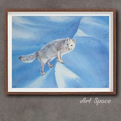 original watercolor painting **arctic fox**, decoration for office, animal, white animal, snow, playroom, dark painting,
