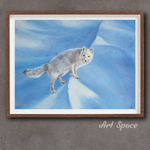 Original watercolor painting **Arctic fox**, decoration for office, animal, white animal, snow, playroom, dark painting,