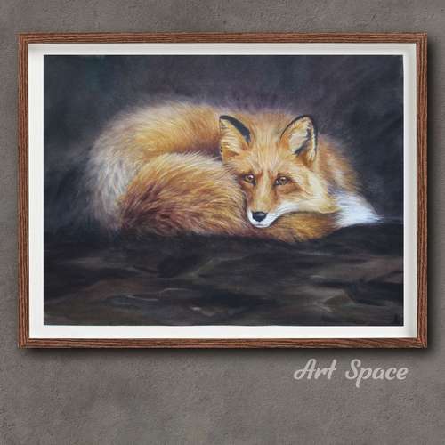 Original watercolor painting **fox**, decoration for office, animal, dark forest, playroom, dark painting,