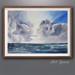 original watercolor painting **clouds**, decoration for office, playroom, blue painting, landscape. nature, home.