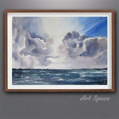 Original watercolor painting **Clouds**, decoration for office, playroom, blue painting, landscape. nature, home.