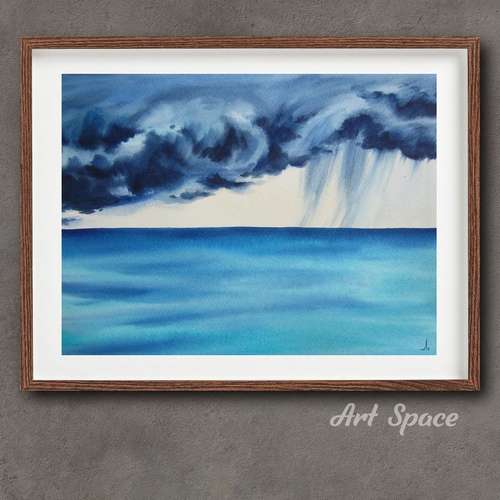 Original watercolor painting **Cloud with rain**, decoration for office, playroom, blue painting, nature, home.