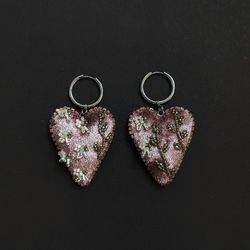 Large velvet heart embroidered earrings
