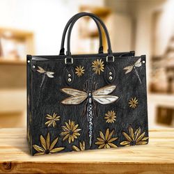 Dragonfly Sunflowers Black Leather Bag,Women Sunflower Leather Handbag,Crossbody Bag