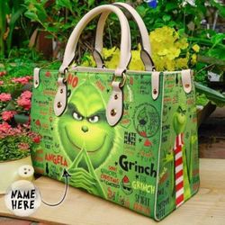 personalized christmas cute grinch handbag, anniversary grinch handbag, disney leather handbag