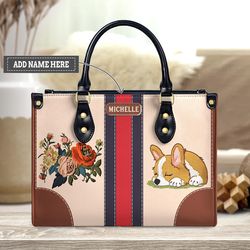 personalized corgi leather handbag,dog handbag,corgi flower vintage style leather bag