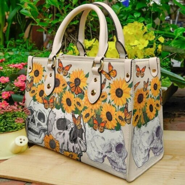 Sunflower Skull Butterfly Leather Bag,Day Of The Dead Handbag, Women Skull Handbag,Leather bag,Love Skull bones ,Skull Handbag,Handmade Bag - 1.jpg
