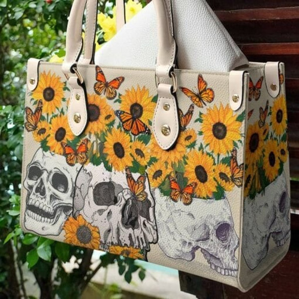 Sunflower Skull Butterfly Leather Bag,Day Of The Dead Handbag, Women Skull Handbag,Leather bag,Love Skull bones ,Skull Handbag,Handmade Bag - 2.jpg