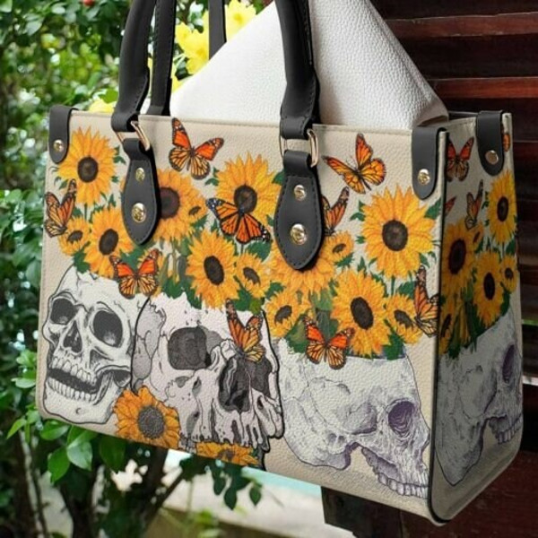 Sunflower Skull Butterfly Leather Bag,Day Of The Dead Handbag, Women Skull Handbag,Leather bag,Love Skull bones ,Skull Handbag,Handmade Bag - 3.jpg