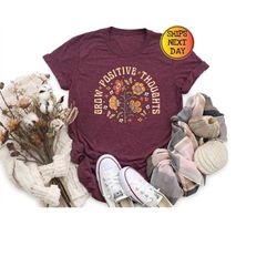 grow positive thoughts tee, floral t-shirt, bohemian style shirt, butterfly shirt, trending right now, women's graphic s