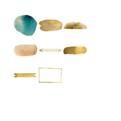 gold, and turquoise watercolor shapes and brush strokes clipart set