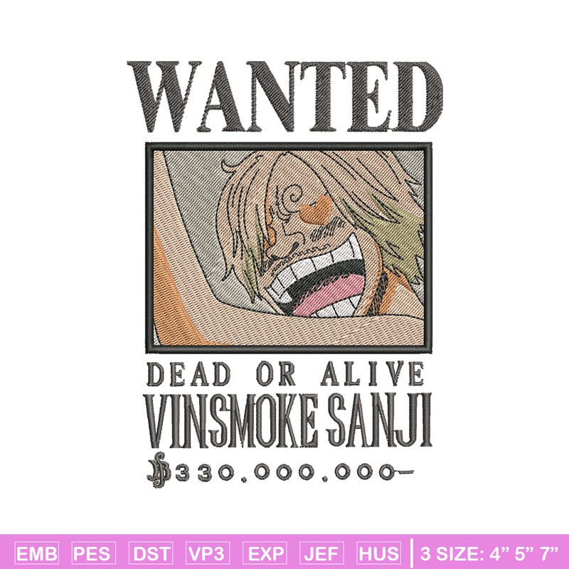 Bounty sanji embroidery design, One piece embroidery, Anime design, Embroidery shirt, Embroidery file,Digital download.zip.jpg