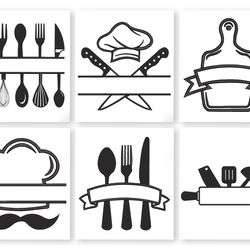 split kitchen tools embroidery design. kitchen utensils split frame monogram