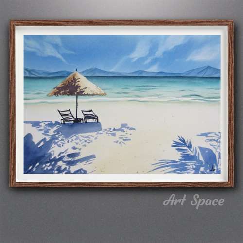 Original watercolor painting **Amazing beach**, decoration for office, palm tree, beach, sand, playroom, blue painting,