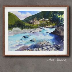 original watercolor painting **mountain river**, decoration for office, playroom, blue painting, nature, home.