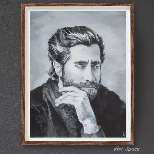 Original watercolor painting **Jake Gyllenhaal**, portrait, decoration for office, film actor-monochrome-playroom, home.