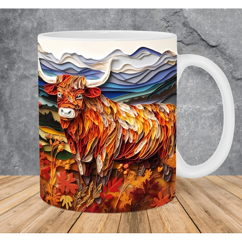 3D Autumn Highland Cow Mug Wrap 11oz & 15oz Mug Template, Highland Cow Mug Sublimation Design Mug Wrap Template PNG Instant Digital Download - 1.jpg