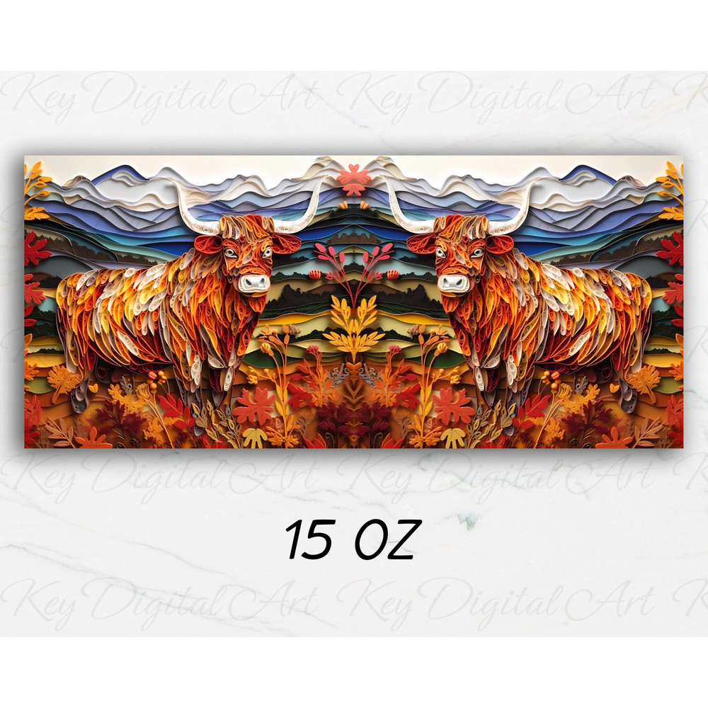 3D Autumn Highland Cow Mug Wrap 11oz & 15oz Mug Template, Highland Cow Mug Sublimation Design Mug Wrap Template PNG Instant Digital Download - 2.jpg