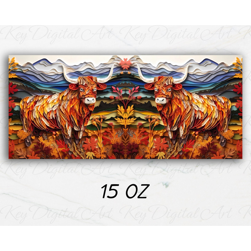 3D Autumn Highland Cow Mug Wrap 11oz & 15oz Mug Template, Highland Cow Mug Sublimation Design Mug Wrap Template PNG Instant Digital Download - 2.jpg