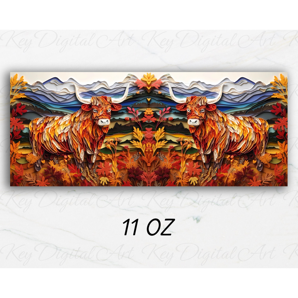 3D Autumn Highland Cow Mug Wrap 11oz & 15oz Mug Template, Highland Cow Mug Sublimation Design Mug Wrap Template PNG Instant Digital Download - 3.jpg